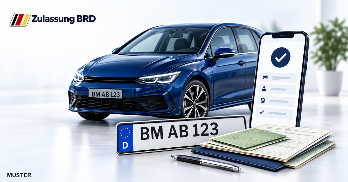 Online Fahrzeugzulassung in Hürth: Musterkennzeichen BM AB 123, Auto und Fahrzeugpapiere und Smartphone. Illustration mit Logo von Zulassung BRD.